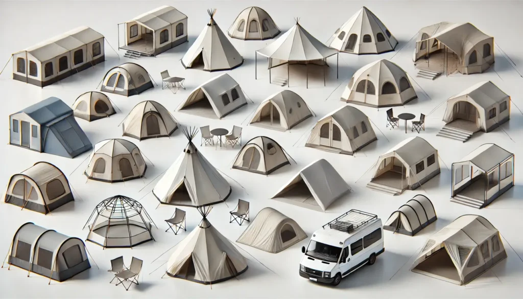 verschiedene Zeltarten, viele Campingzelte