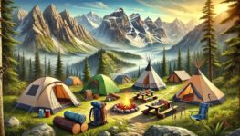 verschiedene campingzelte und Tische im Wald und Berge